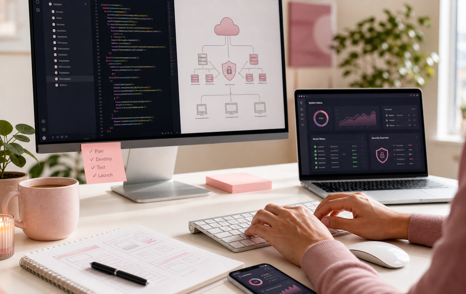 IT and web development workspace with dashboards