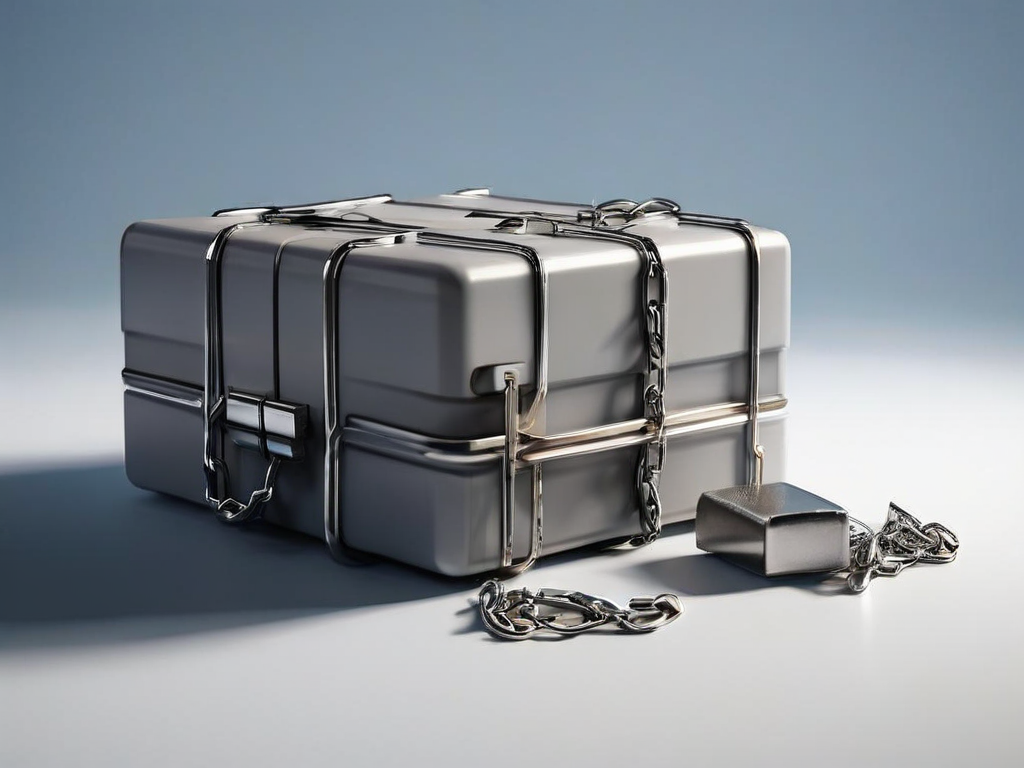 A sealed metal case with a short chain and separate small blocks on a gray studio surface, representing connected file locations.