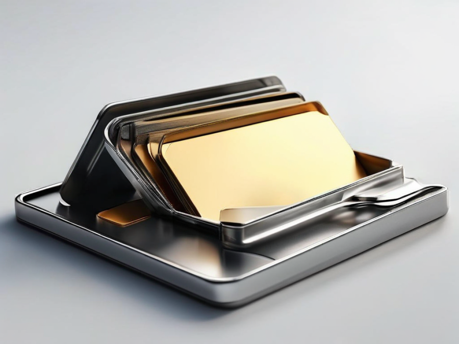 A brushed metal tray with blank divider cards and a compact storage box, organized under angled morning light.