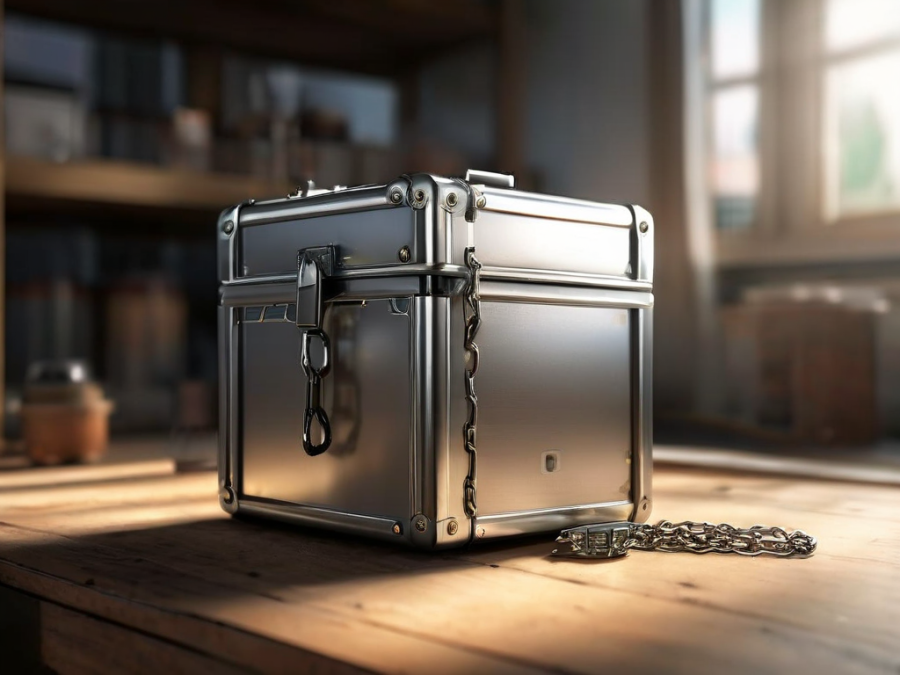 Metal storage case with short chain and separate small blocks on brushed metal surface, angled daylight, shallow depth of field.