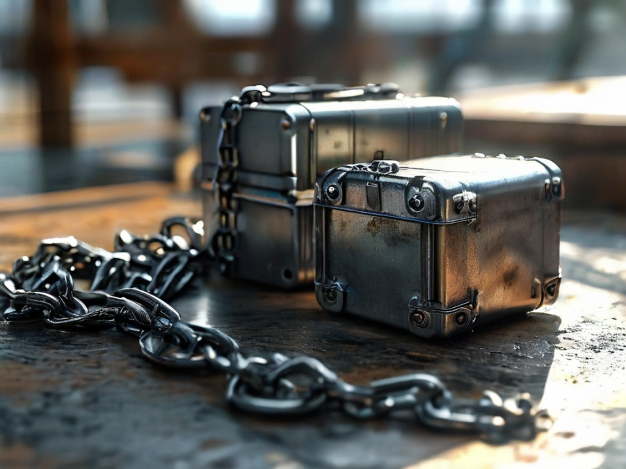 A metal security case with a short chain lock beside scattered file-location blocks on a brushed surface under angled morning...