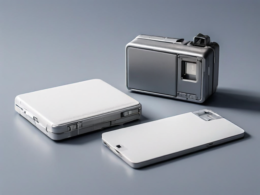 Gray memory card and sealed external drive beside a blank photo sleeve on a matte studio surface, soft side light casting clean