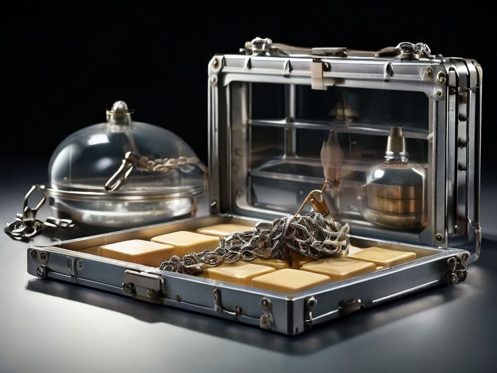 A sealed metal case linked by a short chain to small blank blocks on a neutral tray, representing connected file shortcuts.