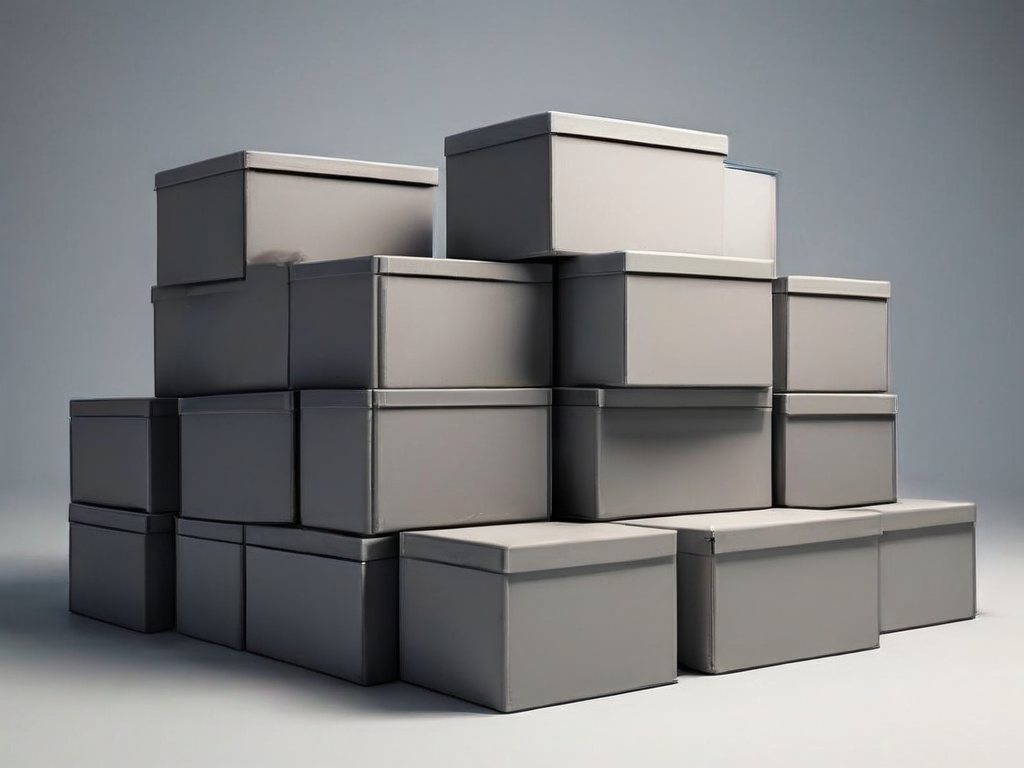 Stacked blank archive boxes with empty compartment inserts on a gray studio surface, soft shadow, clean composition.