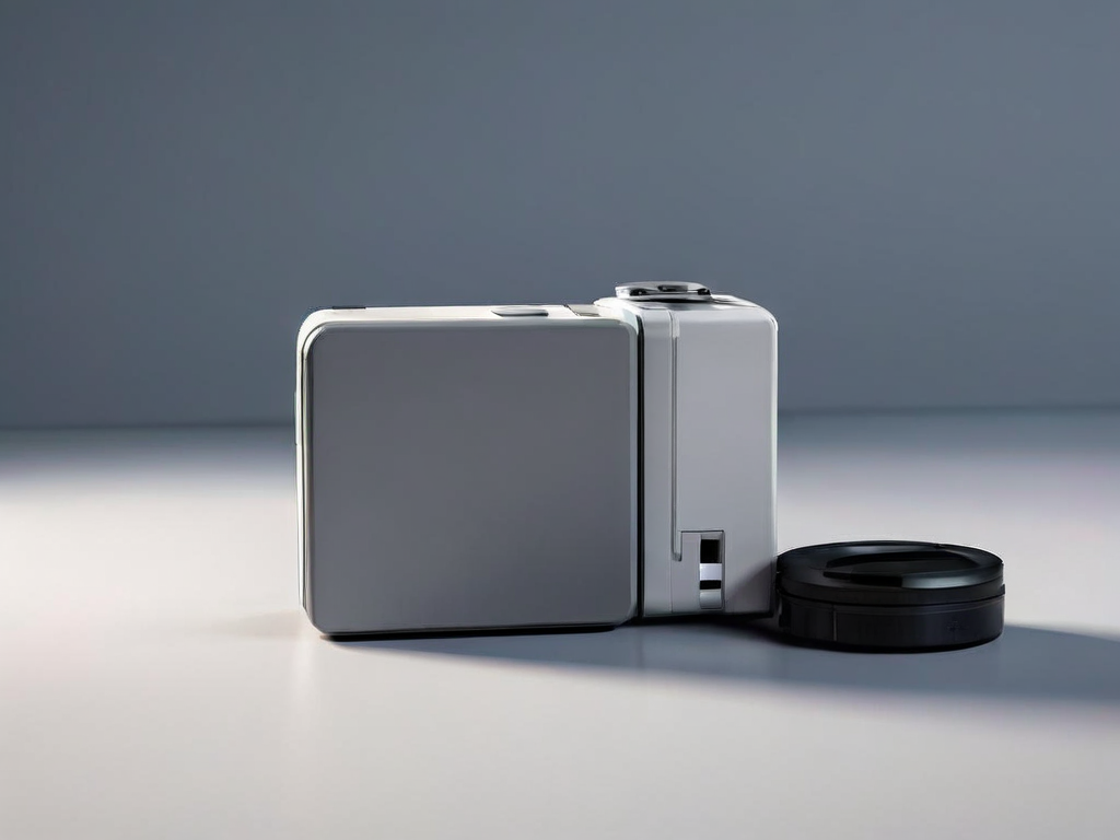 A portable storage drive, stacked blank data blocks, and a small capacity gauge prop on a matte gray surface, symbolizing digital.