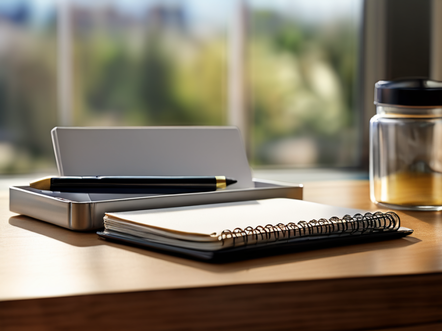 Blank note cards beside a compact travel storage tray on a brushed metal surface, morning light casting soft shadows.