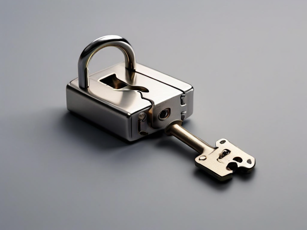 A small metal lock, closed key case, and blank security card arranged on a matte gray surface for account safety preparation.
